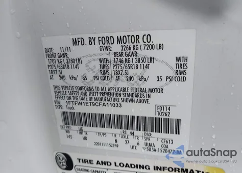 2012 Ford F-150 Lariat z USA, uszkodzony, nr VIN 1FTFW1ET9CFA11033